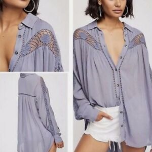 Free People Katie Bird Button Down Crochet Shirt Tunic Top Size XS